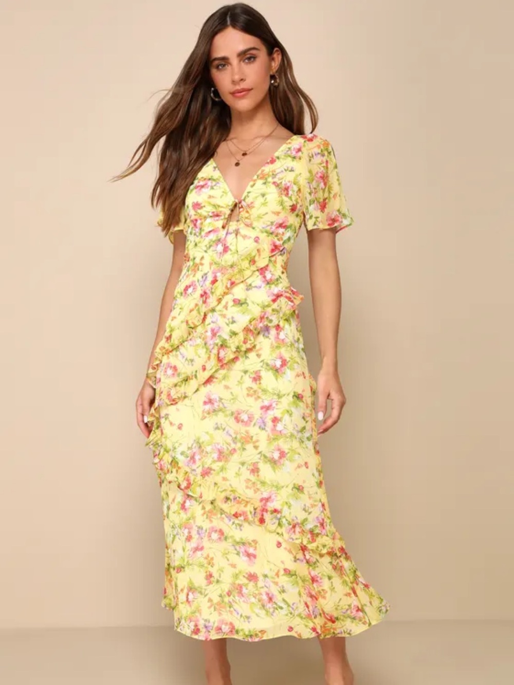 Lulu's Yellow Floral Ruffle Maxi Dress
